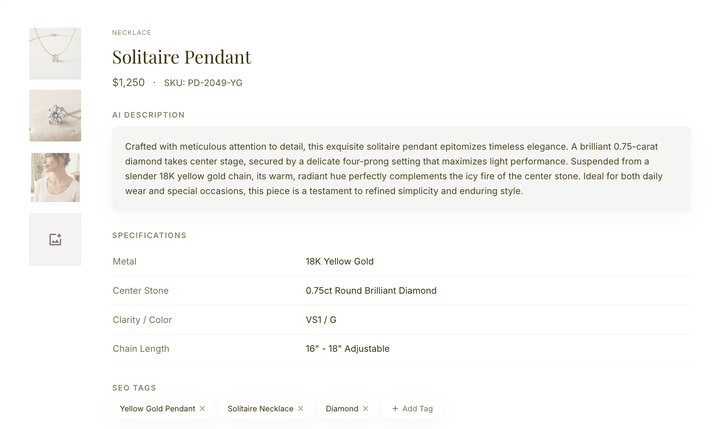 A complete listing — AI description, specs table, and SEO tags