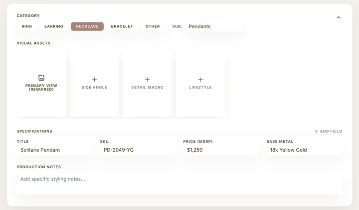 Add specs and visual assets for each product
