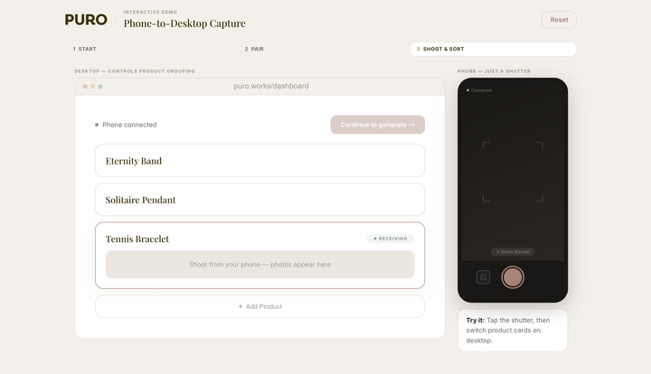 Shoot from your phone — photos land on your desktop, sorted by product
