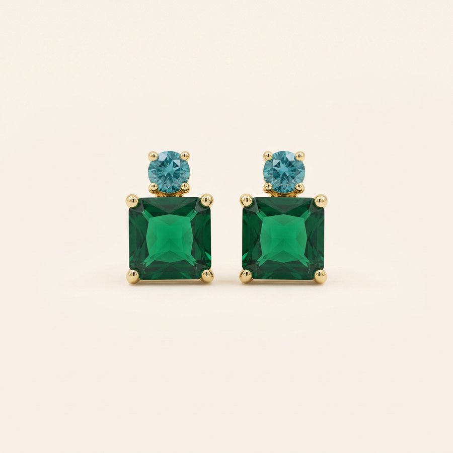 Gold earrings with green and blue gemstones