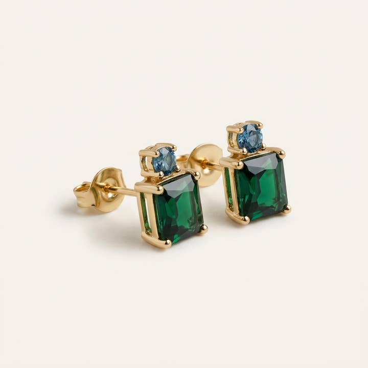 Emerald-Cut Green and Blue Stud Earrings — listing image 2 of 5