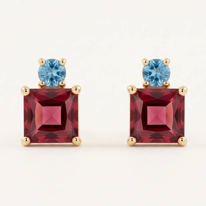 Garnet and Aquamarine Delicate Studs — listing image 1 of 5