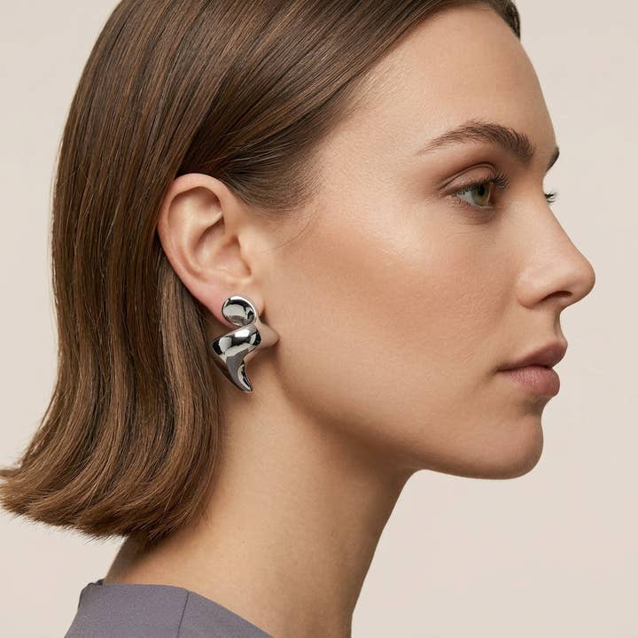 Rhodium Abstract Sculptural Fluid Stud Earrings — listing image 4 of 5