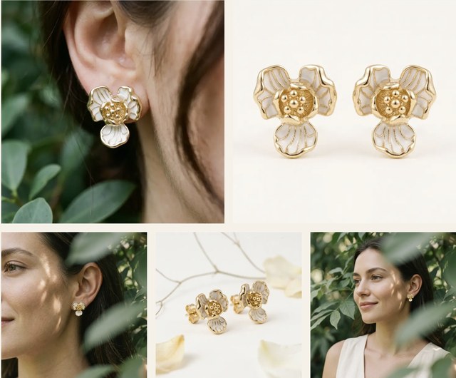 Gold and white enamel flower earrings, photographed and styled by Puro