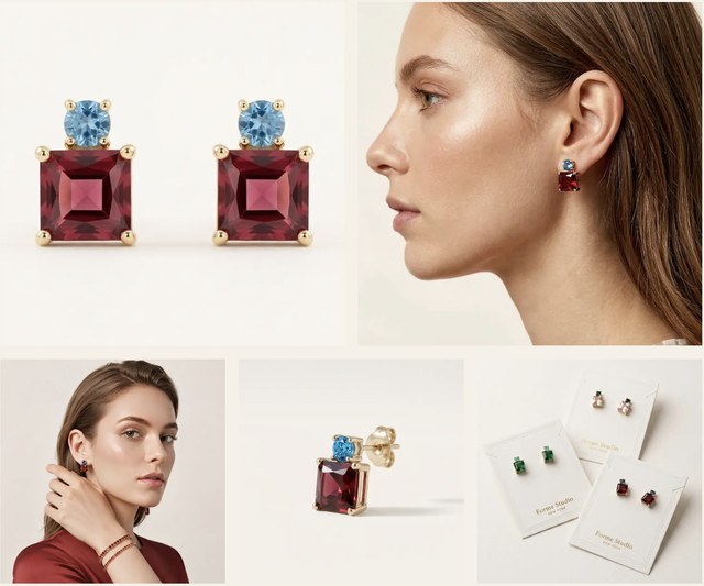 A gemstone earring set — product, detail, and on-model shots