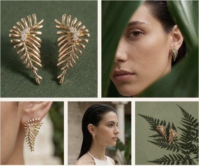 Gold fern earrings shown in one consistent brand aesthetic